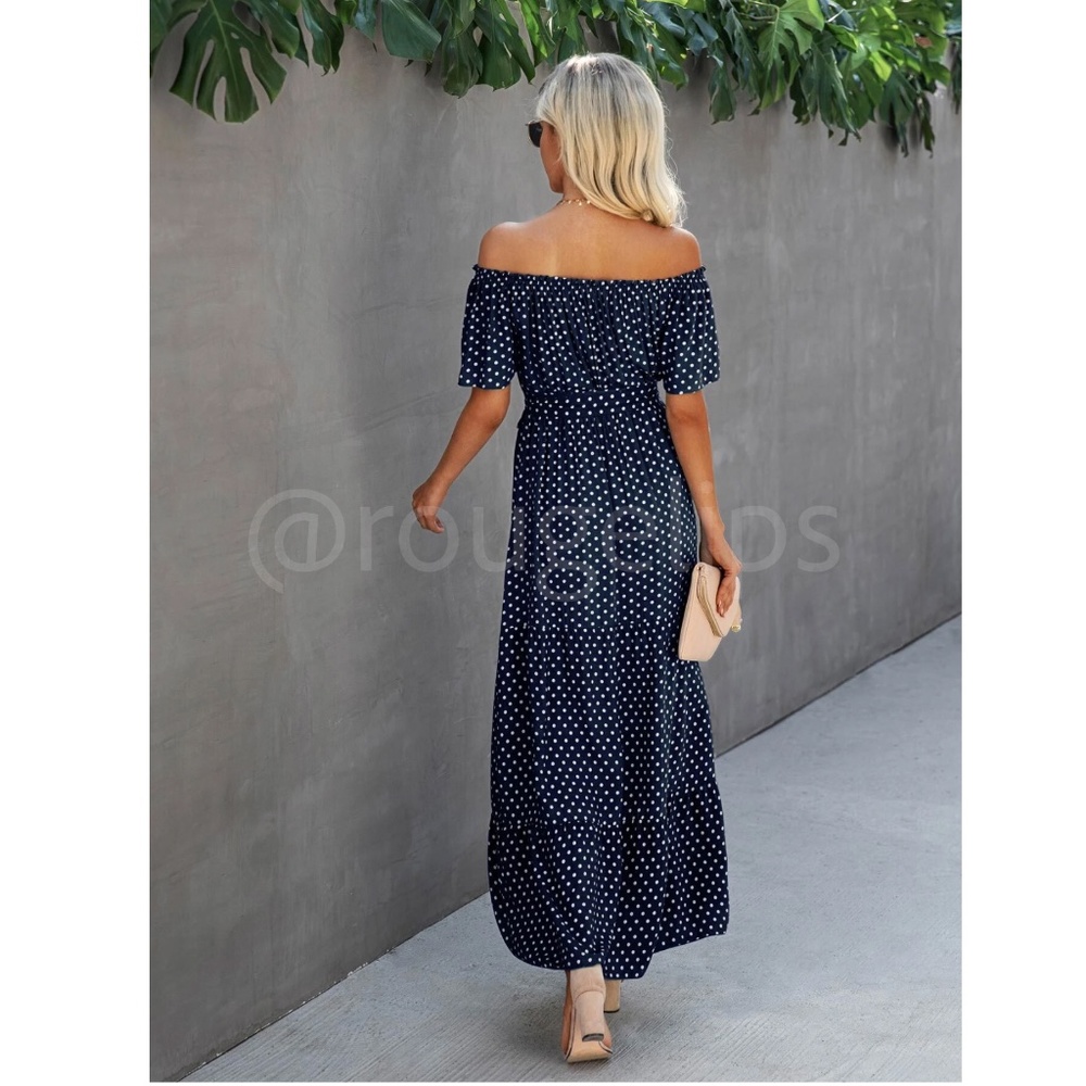 Off Shoulder Navy Blue Polka Dot Maxi Dress Flared, Flounce, Long, belted - Picture 3 of 6